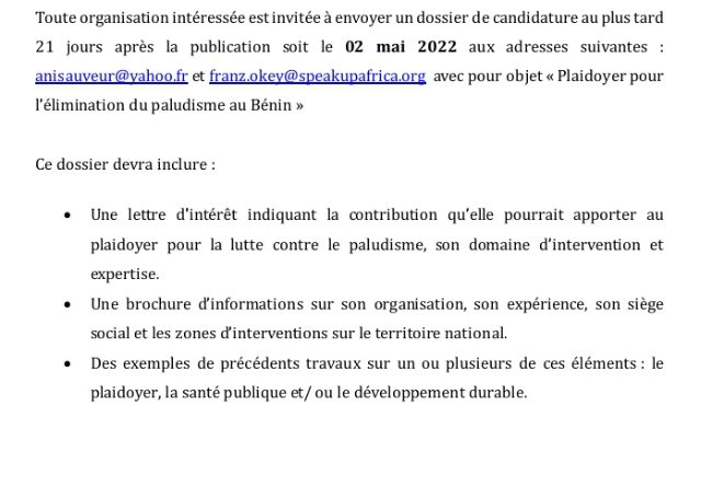 Paludisme au Bénin : Speak Up Africa lance un appel à Sélection d’Organisations de la Société Civile