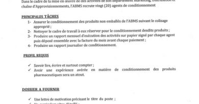 ABMS recrute 20 agents de conditionnement