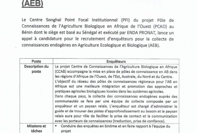 Recrutement d’enquêteurs pour la collecte des connaissances endogènes en Agriculture Biologique Écologique (AEB)