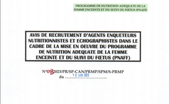 Le secrétariat permanent du Conseil de l’Alimentation et de la Nutrition recrute 202 agents enquêteurs