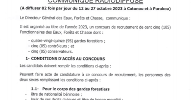 Recrutement de 105 fonctionnaires des Eaux, Forêts et Chasse au Bénin