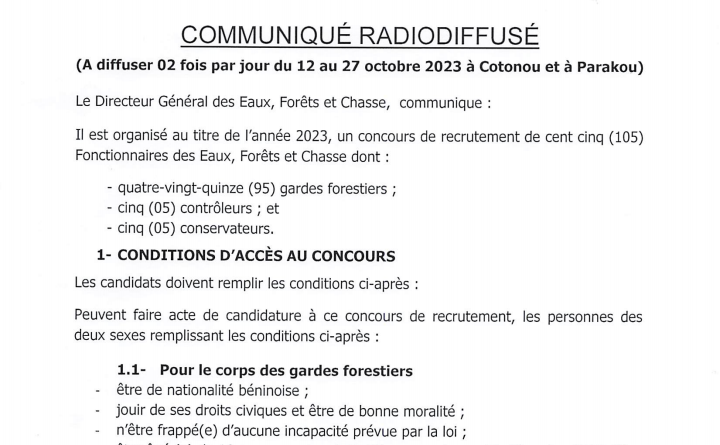 Recrutement de 105 fonctionnaires des Eaux, Forêts et Chasse au Bénin