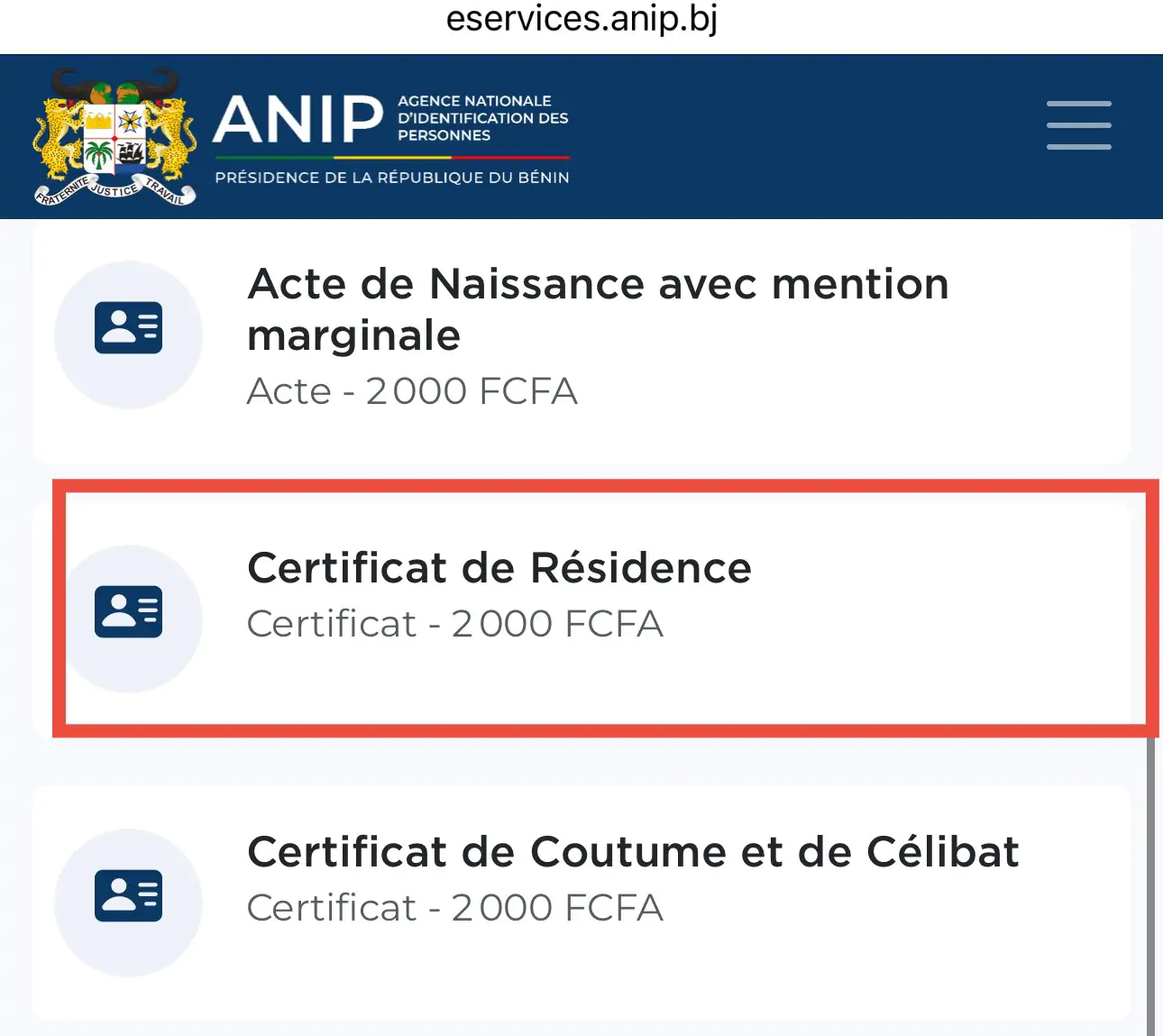 Certificat de résidence